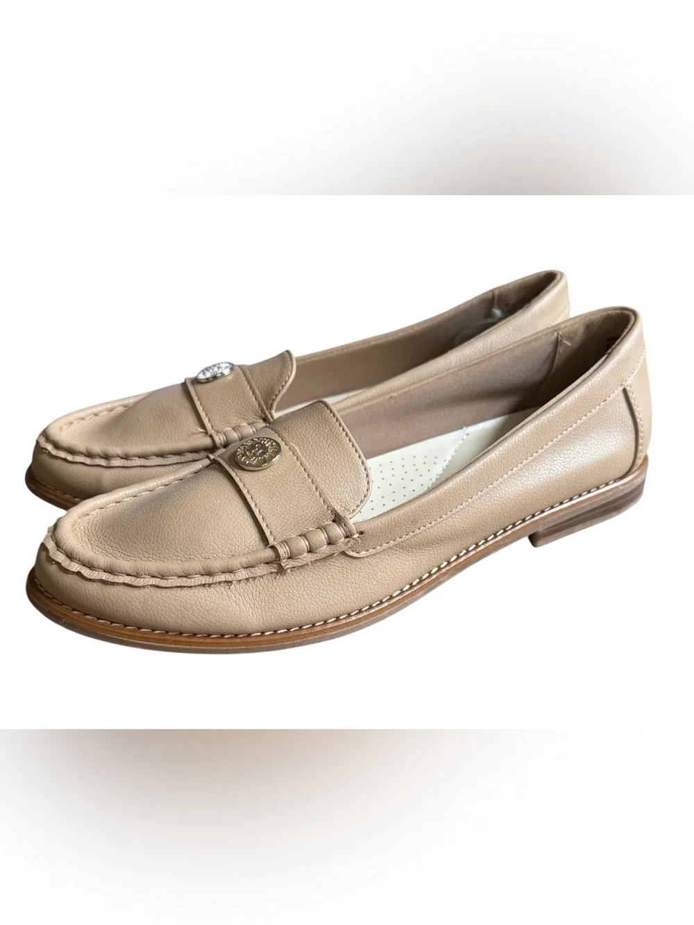 AK Anne Klein iFlex Taupe Loafers Moc Toe Logo Comfort Flats Size 8.5 Classic